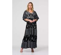 Izabel London Leaf Print 3/4 Kimono Sleeve Maxi Dress - Black - 12