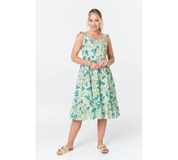 Izabel London Leaf Print Frilled Strap Midi Dress for Women UK with Bra-Friendly Straps and an Empire Waist. Green