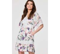 Izabel London Leaf Print Lace Trim Short Dress - White - 14