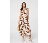 Izabel London Leaf Print Layered Tie Waist Maxi Dress In Brown Brown