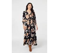 Izabel London Women's Leaf Print Long Sleeve Maxi Dress in Black | Size: 12 Izabel London Black 12