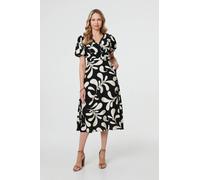 Leaf Print Puff Sleeve Wrap Midi Dress Izabel London Black 8