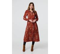Izabel London Leaf Print Tie Waist Midi Shirt Dress for Women UK with Long Sleeves, Buttons and a Collar.