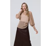 Izabel London Women's Mesh Fishnet Long Puff Sleeve Top in Beige | Size: 12