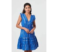 Izabel London Metallic Cap Sleeve Short Skater Dress Made from 100% Cotton for Women UK with a v-Neck. Blue