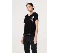 Izabel London Women's Metallic Star Detail Relaxed T-Shirt in Black | Size: 10