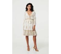 Izabel London Women's Paisley Flared Sleeve Knee Length Dress in White | Size: 12