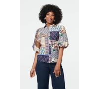 Izabel London Women's Patchwork 1/2 Puff Sleeve Blouse in Navy | Size: 12