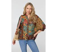 Izabel London Patchwork 3/4 Sleeve Curve Hem Blouse - 12 - Sage