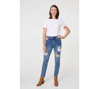 Izabel London Patchwork Detail Frayed Skinny Jeans for Women UK with Belt Loops, Pockets and Full Length Legs. Blue