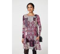 Izabel London Patchwork Long Sleeve Short Swing Dress for Women UK with a Scoop Neck and Pockets. Pink