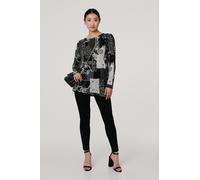 Patchwork Print Long Sleeve Tunic Top Izabel London Grey 8