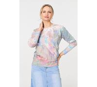 Izabel London Peacock Print Diamante Studded Knit Top for Women UK with Long Sleeves and Drop Shoulders.