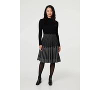 Izabel London Polka Dot Pleated Knit Skater Midi Dress - 14 - Black