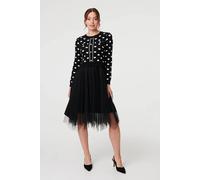 Izabel London Polka Dot Semi Sheer Mesh Midi Dress - 8 - Black