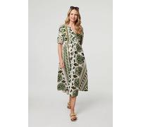 Izabel London Women's Printed 1/2 Sleeve A-Line Midi Dress in Green | Size: 16