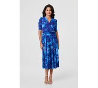 Izabel London Printed 1/2 Sleeve Wrap Midi Dress for Women UK with a Pleated Skirt and Pockets. Blue