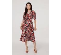 Izabel London Printed 3/4 Sleeve V-Neck Midi Wrap Dress for Women UK with Pockets and a Faux wrap Front. Orange