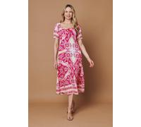 Izabel London Printed A-Line Puff Sleeve Midi Dress for Women UK with a Sweetheart Neck and a tie Front Detail. Pink