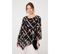 Izabel London Women's Printed Asymmetric Semi Sheer Tunic Top in Black | Size: 8 Izabel London Black 8