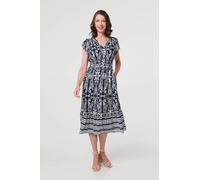 Izabel London Printed Cap Sleeve Shirred Midi Dress for Women UK with a v-Neck, Buttons and a Smocked Waist. Navy