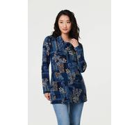 Izabel London Printed Cowl Neck Long Sleeve Tunic Top For Women UK with front pockets and a thigh length hem. Blue