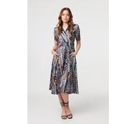 Izabel London Women's Printed Faux Wrap Front Jersey Midi Dress in Beige | Size: 12 Izabel London Beige 12