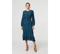 Izabel London Printed Flare Sleeve Ruffled Midi Dress - Green - 10