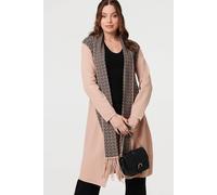 Izabel London Printed Fringed Scarf Detail Long Jacket - M/L - Beige