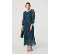 Izabel London Printed Long Sleeve Chiffon Midi Dress In Teal Teal