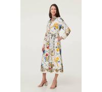 Izabel London Women's Printed Long Sleeve Maxi Shirt Dress in Beige | Size: 16