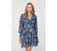 Izabel London Women's Printed Long Sleeve Pleated Short Dress in Blue | Size: 14 Izabel London Blue 14