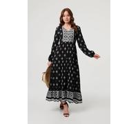 Izabel London Women's Printed Long Sleeve Smocked Maxi Dress in Black | Size: 10 Izabel London Black 10