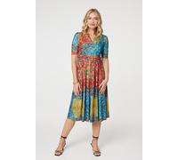 Printed Ruched Waist Faux Wrap Midi Dress Izabel London Blue 8