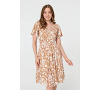 Izabel London Women's Printed Shirred Knee Length Dress in Brown | Size: 16