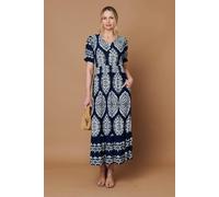 Izabel London Women's Printed Shirred Puff Sleeve Maxi Dress in Navy | Size: 18