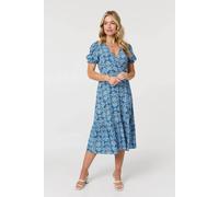 Izabel London Women's Printed Short Puff Sleeve Tie Midi Dress in Blue | Size: 14