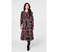 Izabel London Printed Smocked Long Sleeve Midi Dress - 12 - Navy