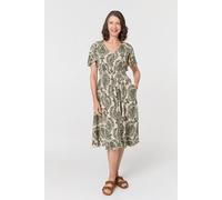 Izabel London Printed Smocked Short Sleeve Midi Dress - Green - 14