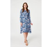 Izabel London Printed Twist Front Midi Dress for Women UK with v-Neck, Long Sleeves and midi Length Hem. Blue