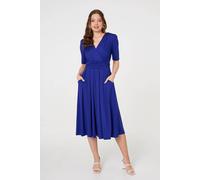 Izabel London Ruched Waist Jersey Wrap Dress In Blue Blue 14