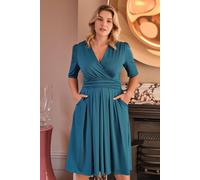 Izabel London Ruched Waist Jersey Wrap Dress for Women UK with a V-Neck, Short Sleeves and a Knee Length Hem. Turquoise