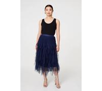 Izabel London Ruffled Sheer Mesh High Waist Midi Skirt - Navy - 14