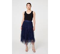 Izabel London Ruffled Sheer Mesh High Waist Midi Skirt - Navy - 14