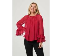 Izabel London Women's Semi Sheer Long Sleeve Ruffled Blouse in Red | Size: 8 Izabel London Red 8