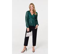 Izabel London Women's Sequin Embellished Long Sleeve Peplum Top in Green | Size: 8