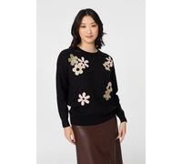 Izabel London Women's Sequin Floral Embellished Relaxed Jumper in Black | Size: 16 Izabel London Black 16