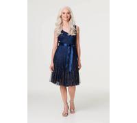 Izabel London Sequin Sleeveless Tie Waist Dress for Women UK with v-Neck, Sleeveless fit and midi Length. Navy