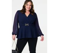 Izabel London Women's Sheer Sleeve Wrap Front Blouse in Blue | Size: 12