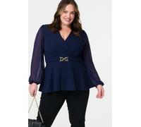 Izabel London Sheer Sleeve Wrap Front Blouse - Navy - 16